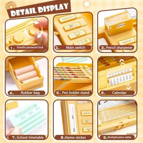 Image of Royals hub Stylish Geometry Password Lock Compass Box, Multifunctional Double Sided Compass Box for Kids, Creamy Bear Theme School Return Gifts (Vibrant Cartoon Theme)