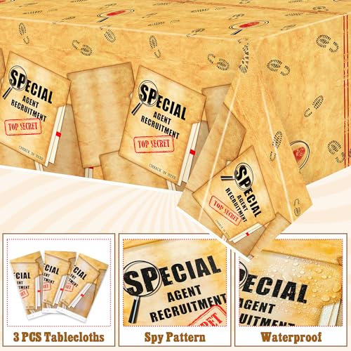 Image of K1tpde Retro Spy Party Tablecloths - 3PCS Brown Vintage Secret Agent Theme Table Covers for Kids Birthday Party Escape Room Plastic Tablecloth Mystery Decor for Boy Spy Detective Supplies