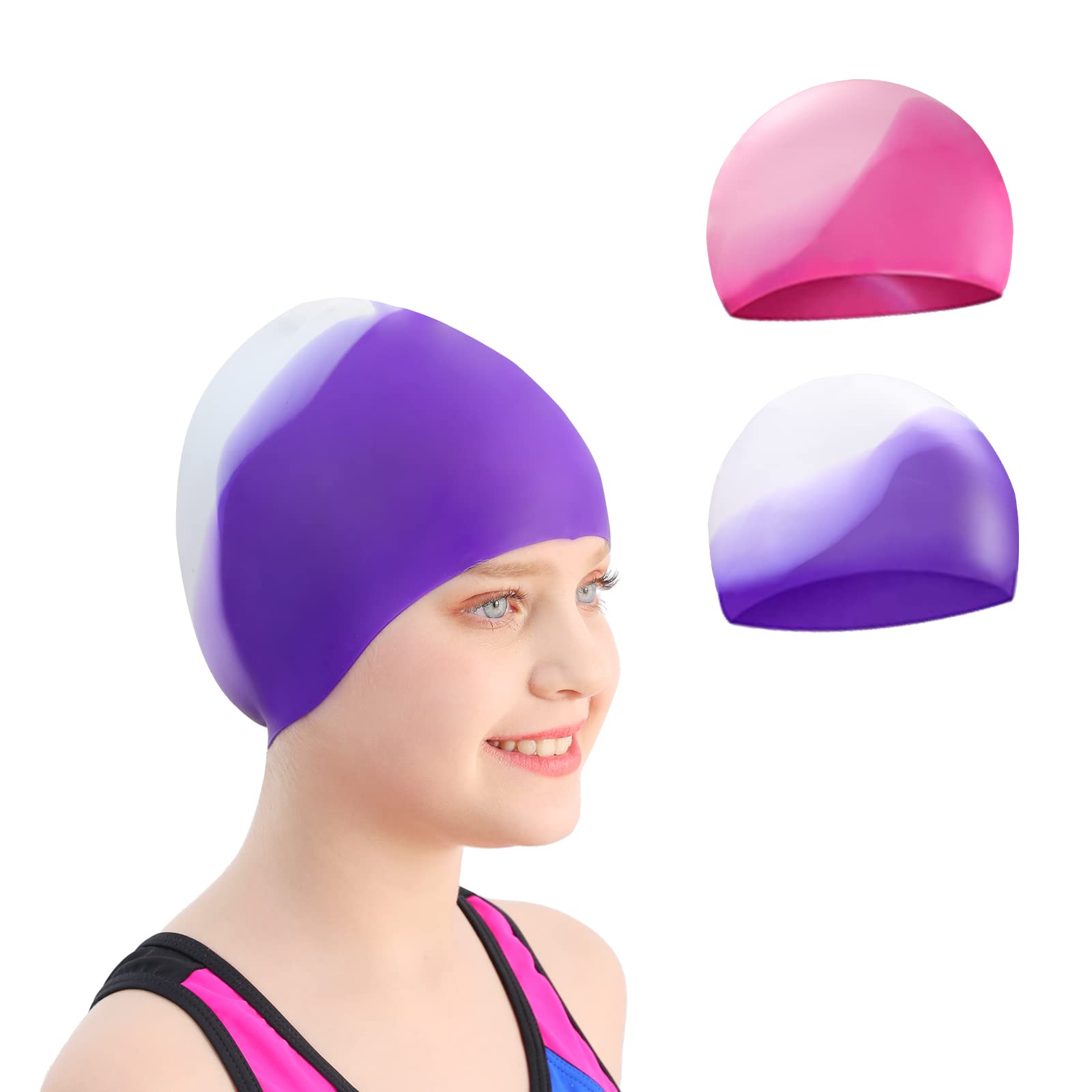 Kids Swim Cap for Girls Boys: Gioriches 2 Pack Kids Swim Cap for Age 3-12| Durable Soft Silicone Swimming Cap for Child Youth Teen | Fit for Long Hair and Short Hair (B09SZD2QTF) Amazon Price History, Amazon Price Tracker