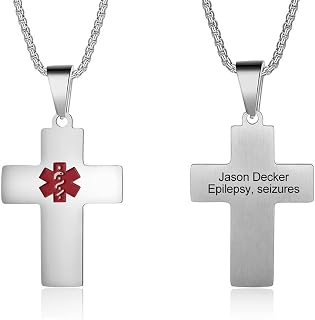 Custom Medical Alert Necklace for Men Women – Personalized Engraved Medical ID Cross Pendant, DNR Emergency Contact Jewelry for Seniors, Life Alert DNR Tag Gift