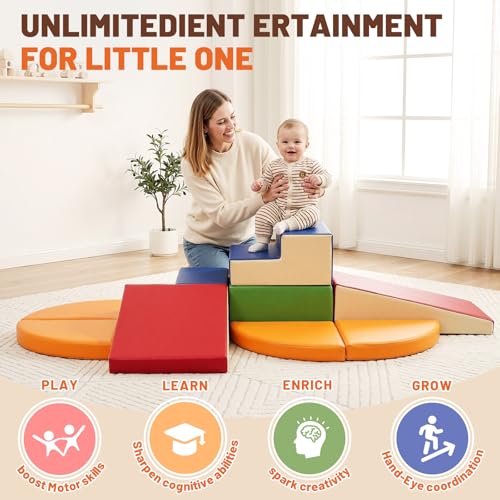Image of TODIBY 9-Piece Climbing Foam Blocks: Soft PU Leather - Baby Climb and Crawl Activity Blocks - Kids Play Gym Equipment Indoor for Development