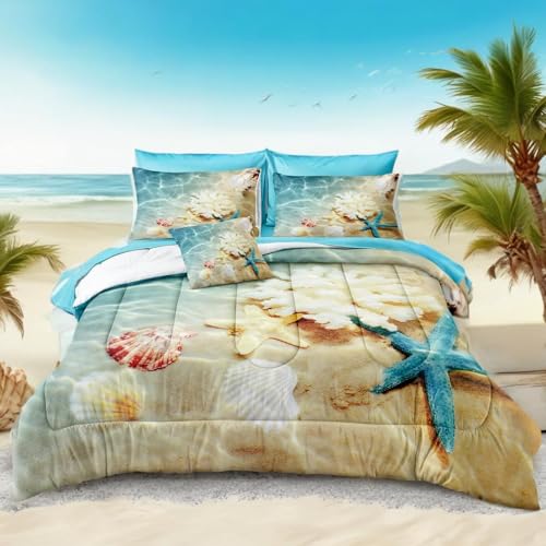 Bedbay Coastal Bedding California King Comforter Set 8 Pieces Beach Themed Bedding Set Soft Microfiber Ocean Beach Comforter Bed in a Bag Set California King Bedding Set(Ocean,Cal-King)