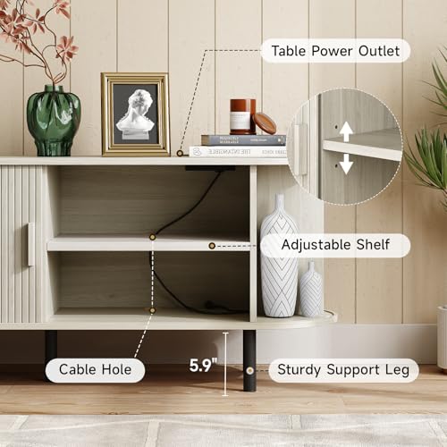 Image of ONBRILL 70.8 inch TV Stand with Power Outlet for TVs up to 75 Inch, Entertainment Center with Storage and Adjustable Shelves, Modern Media Console with Sliding Doors for Living Room, Natural White