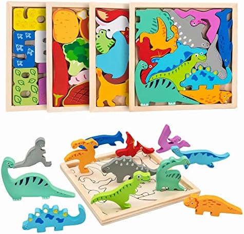 XJYQJD Dinosaur Sorting & Stacking Toys for Toddlers 1-3, Wooden Dinosaur Blocks Puzzles for Kids 2-4 Multi-Theme Animals Fruits Numbers Jigsaw Puzzles Montessori Educational Learning Toys (4 Pack)