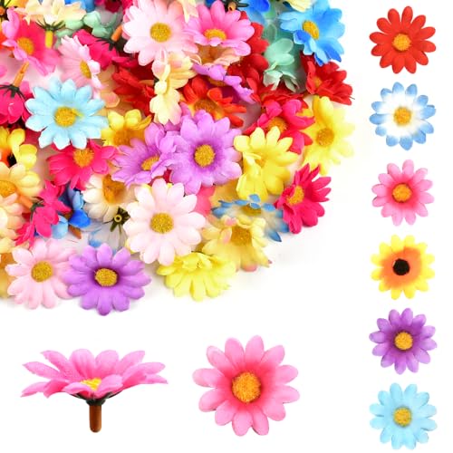 ADERTOS 120 PCS Artificial Sunflowers Heads Artificial Gerbera Daisy Flowers Heads Fake Mini Silk Flowers Head Multi-color Small Faux Flowers Heads for DIY Wreath Wedding Craft Party Table Decor, 4cm