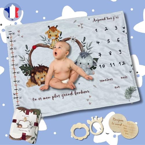 Couverture Étape Bébé - Coffret Cadeau Naissance Fille Garçon - Tapis Mois Bebe en Français - Tapis Photo Bebe Mois - Baby Shower - Future maman - Toise imprimée Accessoires Inclus (Modèle Animaux)
