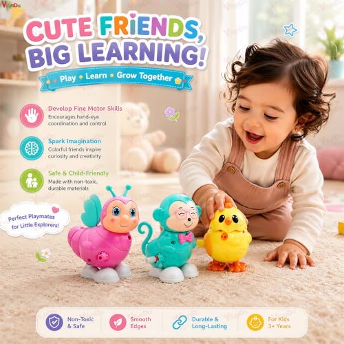 Image of VikriDa 3 Pcs Wind-Up Animal Toy Set for Kids - Jumping Bird, Rabbit & Crawling Walking Toys with Key Operation, Fun Interactive Toys for Babies, Boys & Girls (3 Pcs Assorted Colors & Designs)