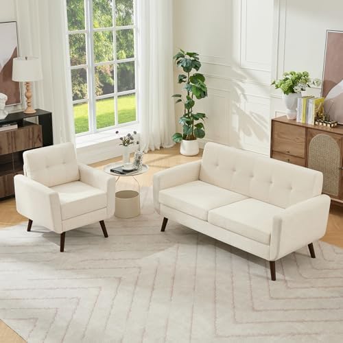 Tbfit Mid Century Modern Sofa Couch, Beige, Loveseat & Accent Chair