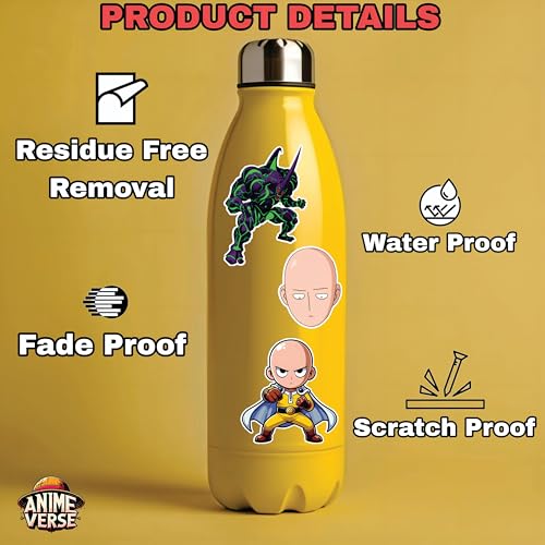 Image of AnimeVerse Pack of 53 One Punch Man Anime Stickers for Laptop, Phone, Guitar, Bike, PC, | Waterproof Glossy Vinyl Decals | Residue-Free Anime Stickers Collection (One Punchman)