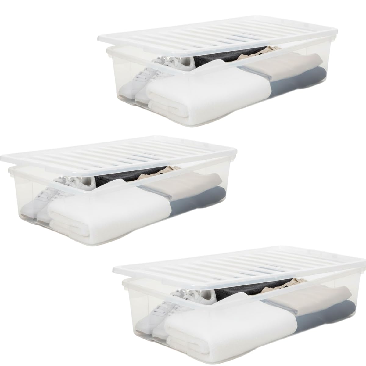 KYY'Z - 3x 43L Underbed Storage Box With Clip-On Durable Lid - Clear Plastic Organizer Container - Stackable Space-Saving Storage For Clothes, Shoes, Linens & Bedroom Essentials, Home & Office