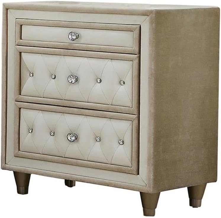 Pemberly Row 5-Piece California King Bedroom Set, Upholstered Velvet in Ivory and Camel, Includes Bed, Nightstand, Dresser, Mirror, Chest, French Provincial Style, Nailhead Trim, Crystal Accents,