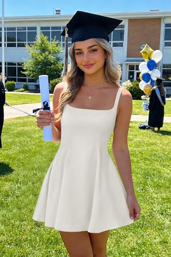 Image of Womens Square Neck Mini Dress Sexy Sleeveless Adjustable Straps Summer Cute A-Line Short Prom Cocktail Party Dresses