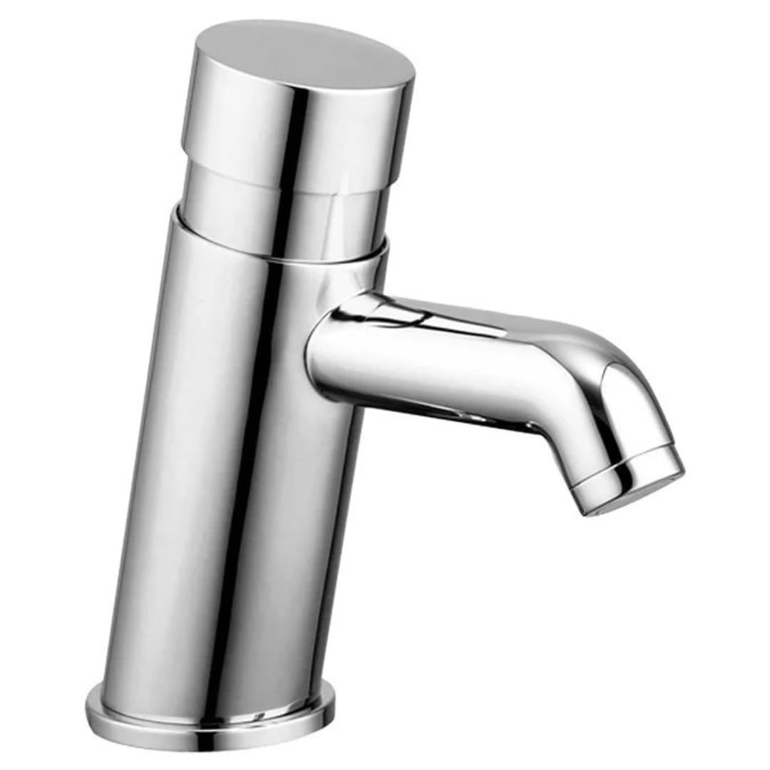 Bathrooms Push Button Non-Concussive Basin Tap Chrome – Self-Closing, Water Efficient, Adjustable Timer, Modern Brass Design, Red & Blue Silicone Rings (1)