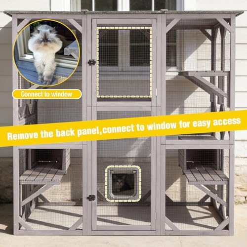 Image of 71.1'' Large Outdoor Cat Catio Enclosure, Multi-Level Cat House with Platforms & Resting House, Weatherproof Solid Fir Wood Cat Patio with Asphalt Roof, for Indoor-Outdoor Access, Fit 2-6 Cats, Grey