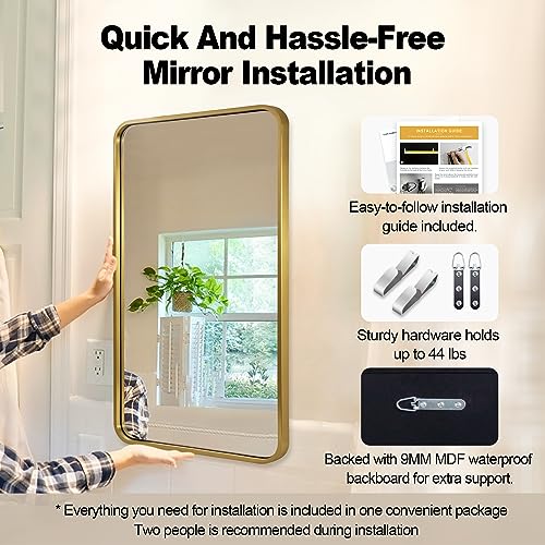 Image of ANDY STAR 24x40 Inch Gold Bathroom Mirror, Rounded Rectangle Mirror, Brushed Brass Bathroom Vanity Mirror Oblong Tube Metal Framed, SUS304-Anti-Rust, Wall-Mounted Horizontal /Vertical 1'' Deep