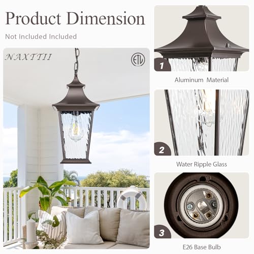 Image of Outdoor Pendant Lights for Porch 16.5 inch Large Dusk to Dawn Outdoor Chandelier with Water Ripple Glass Oil Rubbed Bronze Modern Hanging Porch Light with Adjustable Chain E27 Socket