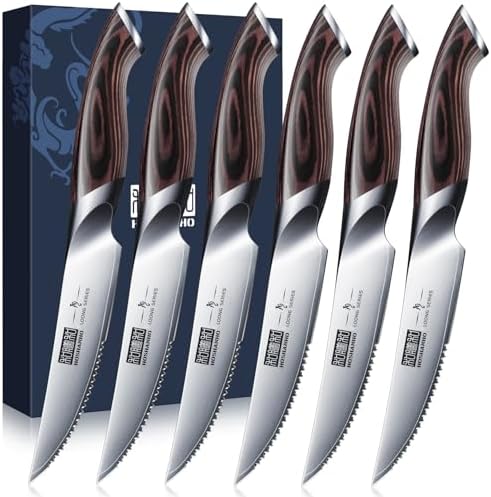 HOSHANHO steak knives set of six, ultra sharp 4.5 inch serrated Japanese steel