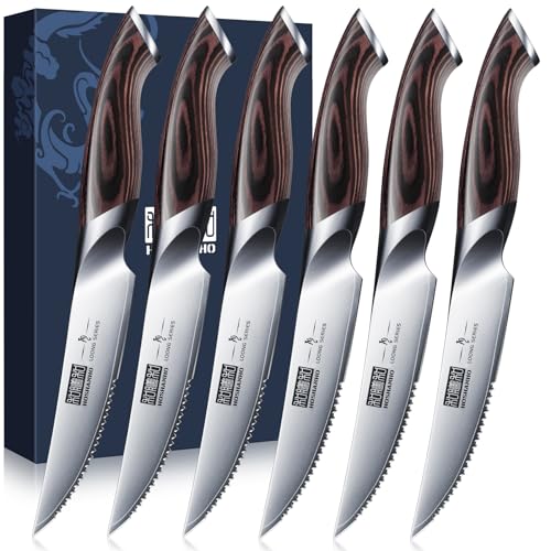 Comparison: Best Serrated Steak Knives 4 HOSHANHO Steak Knives Set of 6, Ultra Sharp 4.5 Inch Serrated Steak Knife Set, Japanese High Carbon Steel Kitchen Steak Knives with Ergonomic Handle