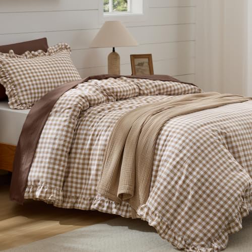 Image of Bedsure Brown Gingham Ruffle Duvet Cover Set, Cotton-Like Quilt Cover, Twin