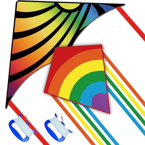 HONBO Regenbogen Drachen für Kinder und Erwachsene - Rainbow Eddy Einleiner-Flugdrachen ab 3 Jahren (2 Packs)