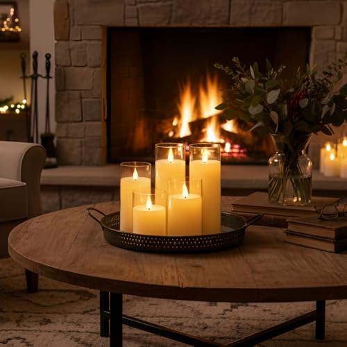 Image of Homemory Ivory White Flickering Flameless Candles, Battery Operated Acrylic LED Pillar Candles with Remote Control and Timer, Set of 5