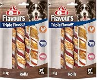8in1 Triple Flavour Rolls Kaustangen für Hunde - Kausnacks mit extra viel Fleisch, 113g Beutel (3 Stück) (Packung mit 2)