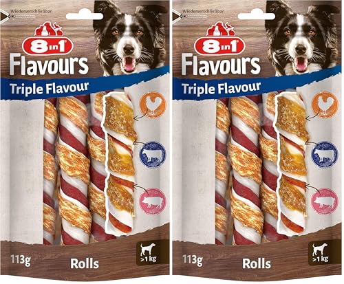 8in1 Triple Flavour Rolls Kaustangen für Hunde - Kausnacks mit extra viel Fleisch, 113g Beutel (3 Stück) (Packung mit 2)
