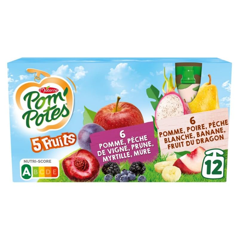 Pom'POTES Pom'POTES - Macetas de compota con 5 frutas moradas y blancas, 1080 g, 3 unidades, se venden en set