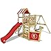 WICKEY Parque infantil de madera SeaFlyer con columpio y tobogán rojo, Casa de juegos de jardín con arenero y escalera para niños