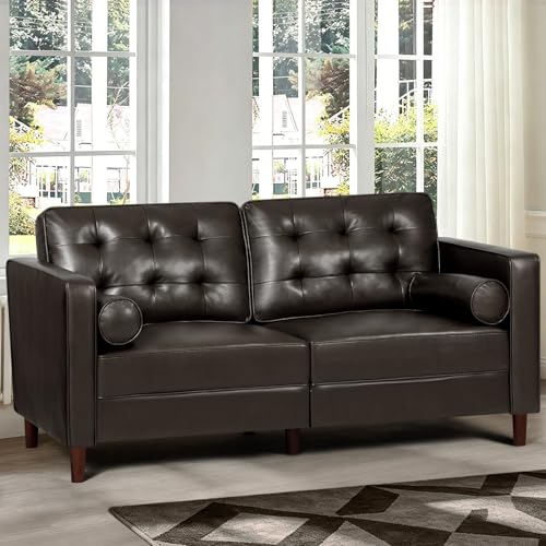 Image of 67 inch Premium Faux Leather 2-Seater Sofa with 2 Bolster Pillows and Tufted Backrest, Mid-Century Modern Loveseat Sofa, Luxury Couch for Living Room, Bedroom, Office, Dark Brown