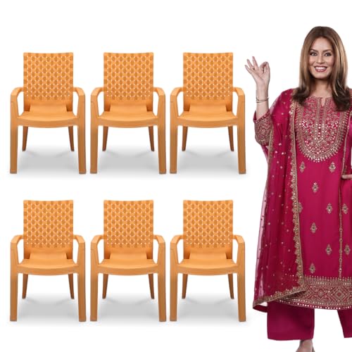 Image of MAHARAJA Heavy Duty Plastic Chairs for Home & Office | Comfortable | Arm Rest | 200Kg Capacity (A Gold, Pack of 6)
