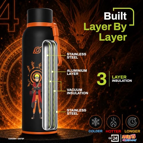 Image of Water Bottle 1 LTR Stainless Steel | Hot & Cold Flask | ISI Certified Steel Bottle| Three Layer Insulation | Leakproof | Home, Office | 2-Year Warranty | Naruto 1000 | Black-Orange - Naruto Sage