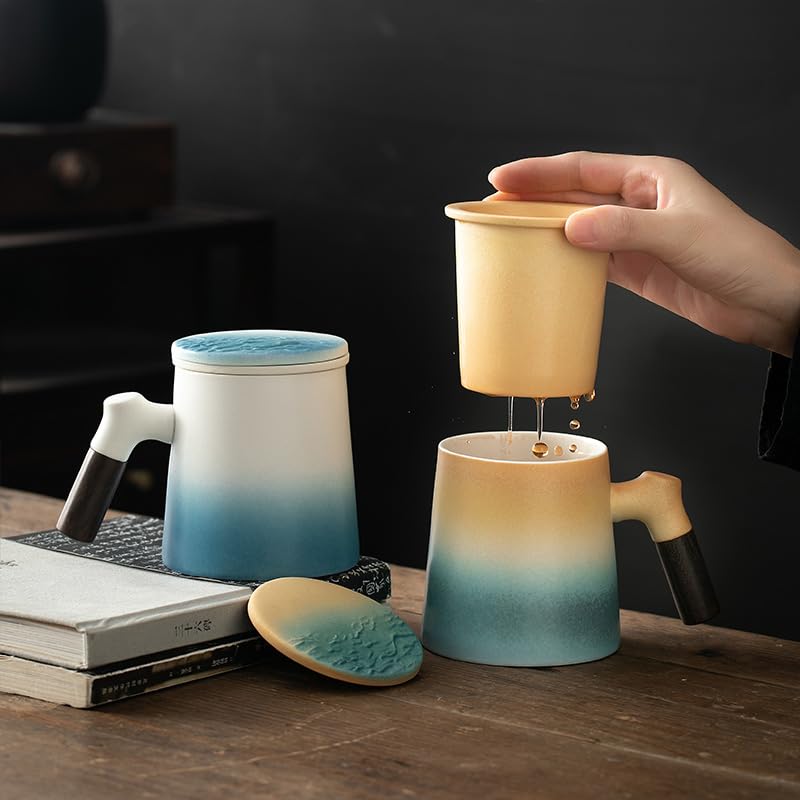 fanquare Blue and White Tea Mugs with Wood Handle Ceramic Tea Cup with Infuser and Lid, Tea Steeping Mug for Brewing Loose Leaf - Image 3