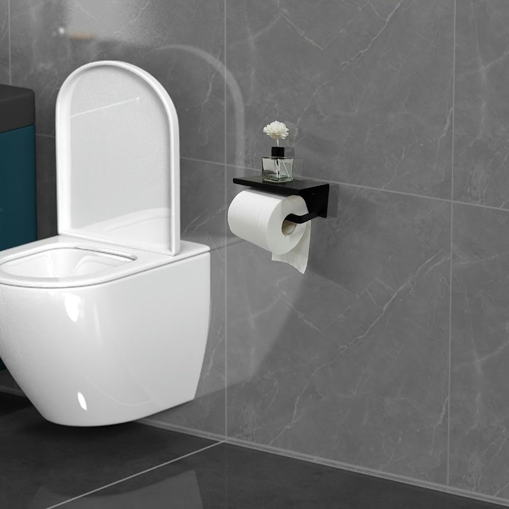 Set di 3 supporti per carta igienica, in acciaio inox, colore nero, con scaffale, dispenser di carta igienica