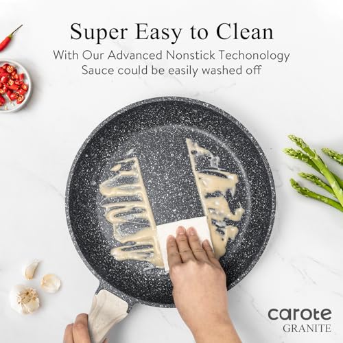 CAROTE Non Stick Frying Pans,Nonstick Granite Fry Pan Egg Pan Omelet Pans, Stone Cookware Chef's Pan, PFOA Free, Black Granite, 8"+10"+12”