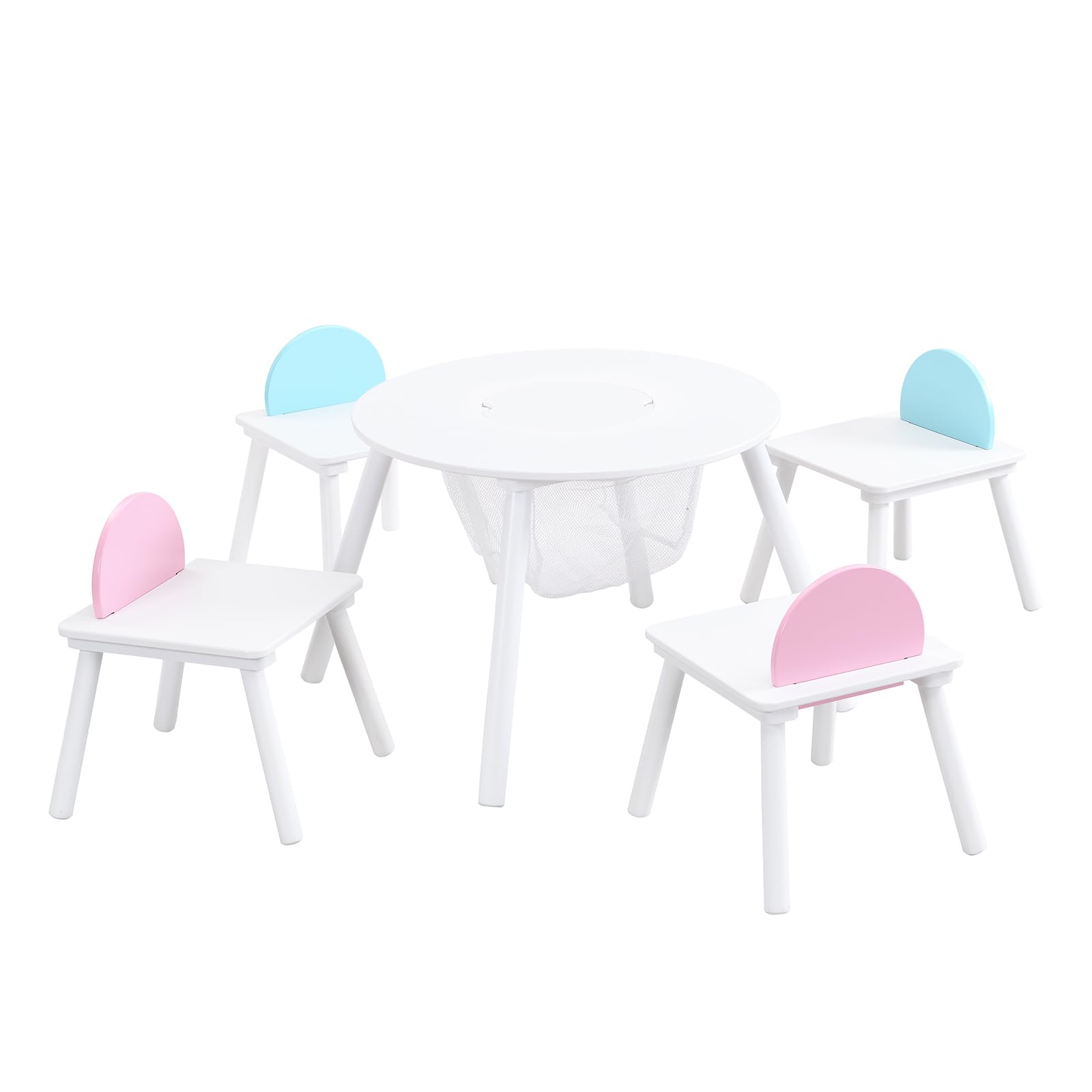 SPOFLYINN 5 Pcs Children's Panel Table with 4 Chairs, Hidden Storage Bag Kitchen Chairs Modern Artistic Chairs for Dining Room, Kitchen, Children's Room White One Size
