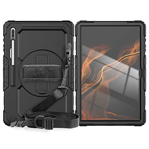 Heavy Duty Shockproof TPU Case for Samsung Galaxy Tab S8 Ultra 14.6" (SM-X900/ X906) ,Protective Cover W Screen Protector+Rotating Kickstand+Handle+Shoulder Strap(Black)