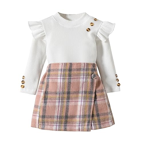 Fernvia Toddler Girl Fall Winter Clothes Ruffles Long Sleeve Shirt and Plaid Shorts Skirt Kids Little Girl 2Pcs Outfits Set (A white, 18-24 Months)