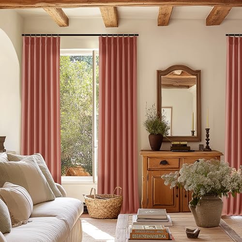Image of Terracotta Pinch Pleated Semi Sheer Linen Curtains 120 Inch Long Drapes