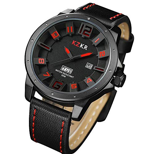 Herren Uhr Analog Quarzwerk mit Leder Armband Schwarz Datum W382-R