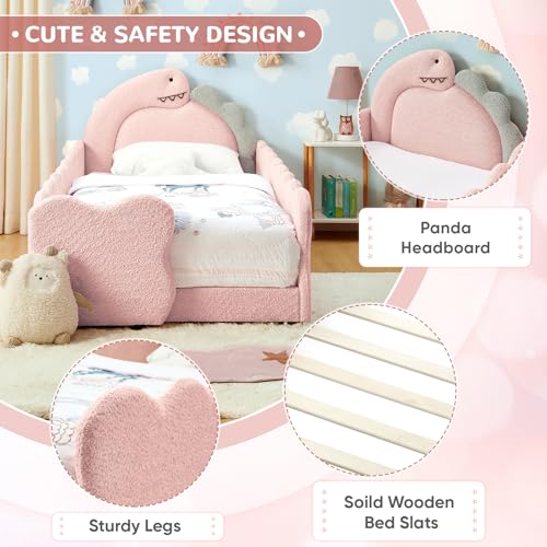 Image of Twin Size Kids Bed with Dinosaur Headboard, Upholstered Boucle Fabric Twin Daybed with Slats Support & Side Pocket, Space-Saving Wooden Corner Sofa Couch Day Bed Frame for Girl, Boy, Teenager(Pink)