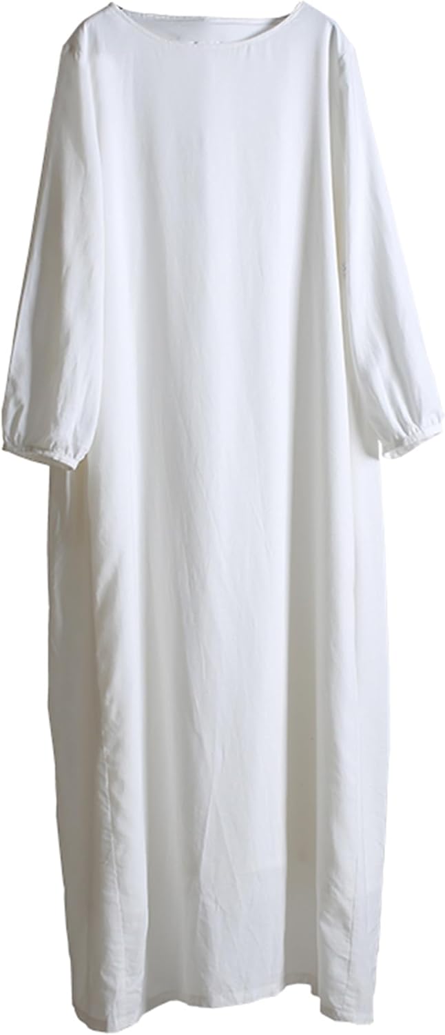 Women's White Cotton Linen Maxi Dress Long Sleeve Round Neck Flowy A Line Casual Dresses with Pockets - Image 5