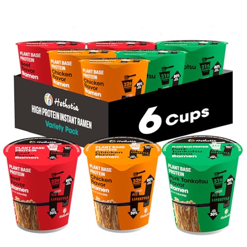 Image of Hethstia Instant Ramen Soup Cup, 6 Pack High-Protein Ramen Noodle Broth Variety Flavor (Chicken, Spicy Beef, Pork Tonkotsu), Plant-Based Protein (32g), Air-Dried, Non-Fried, Low Fat Quick Meal
