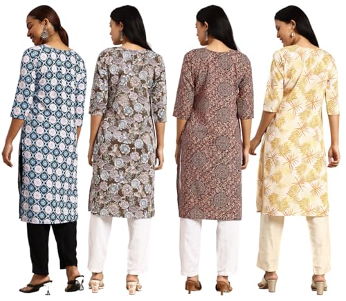 Image of JAKHANA Women's Crepe Printed Casual Straight Calf Length Round Nick Kurta Pack of 4