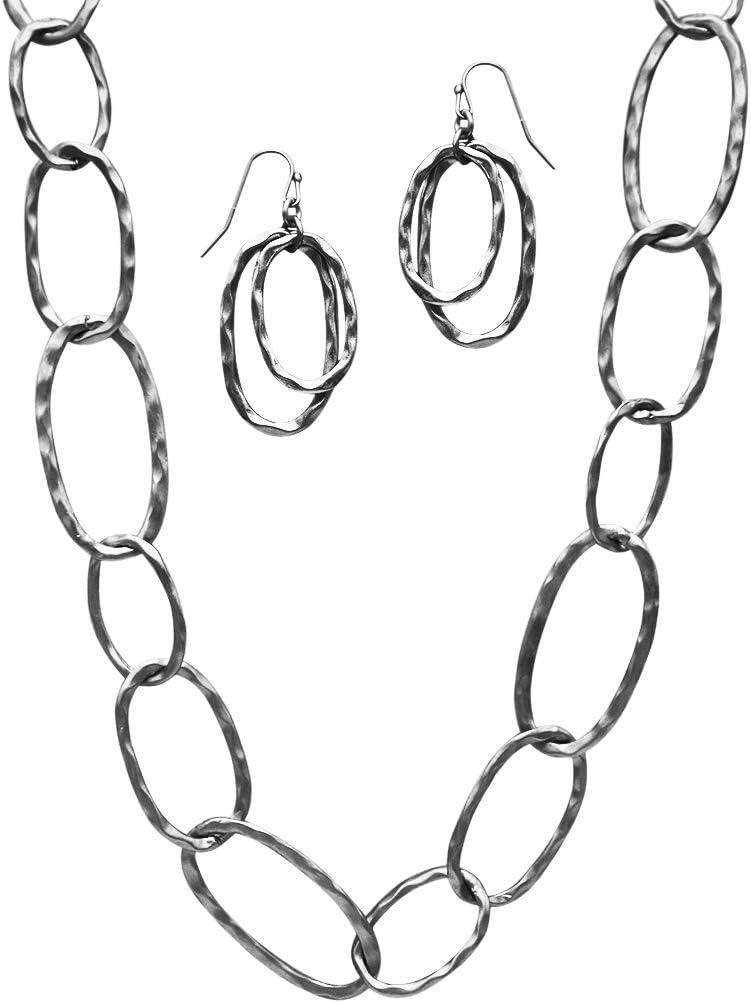Rosemarie Collections Women's Chic Contemporary Hammered Chain Links Necklace With Toggle Clasp And Earrings Statement Making Jewelry Set
