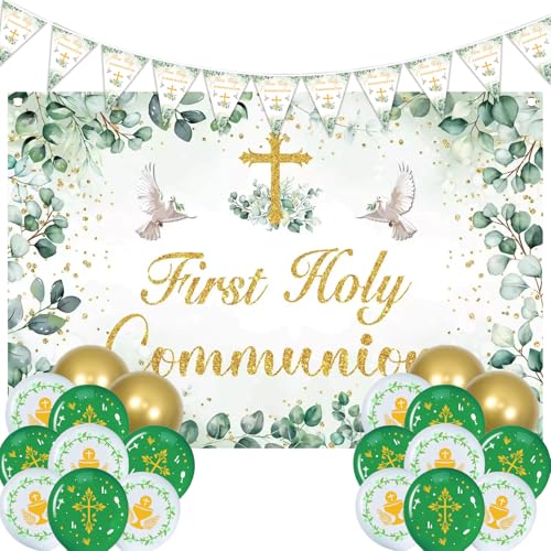 First Holy Communion Decorations Sage Green First Holy Communion Backdrop Bunting Banner Green White Gold Balloon Set for Communion Christening Confirmation Party Decor Photo Booth Supplies