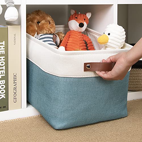 Image of DULLEMELO Fabric Storage Basket for Shelves /Closets, Collapsible Rectangle Basket for Organizing Clothes, Toys, Towels, Books, Laundry, Nursery, Dog Toy Basket Empty (White&Teal)