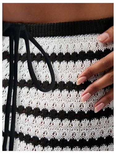 MakeMeChic Women's Fall Striped Pants Crochet Tie Front Elastic Waist Wide Leg Lounge Pants Knit Sweatpants3