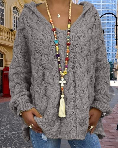 ZOCAVIA Womens Hooded Sweater Cable Knit Sweater Oversized Knit Sweater Loose Fit Sweater Knit Pullover Sweater Top3