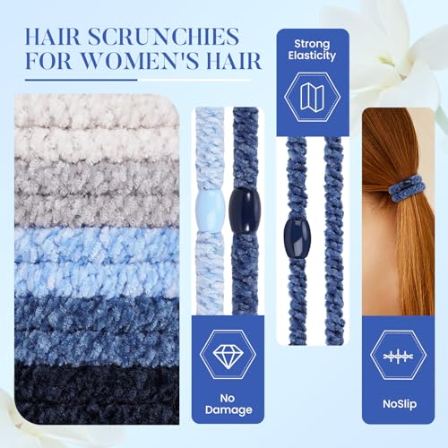 Image of FORENEE Braided Hair Ties No Damage, 10 Pcs Soft Plush Hair Bands for Women's Hair, Bracelet Hair Elastics & Ponytail Holders for Thick Hair - Light Blue